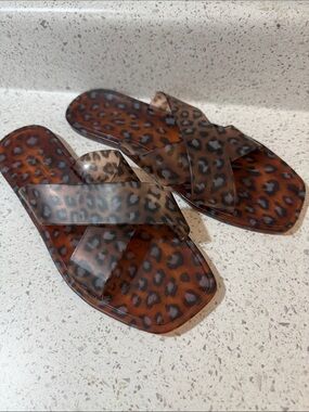 Leopard Print Cross-Strap Slide Sandals - Brown Anthropologie Womens Size 8 Shoe